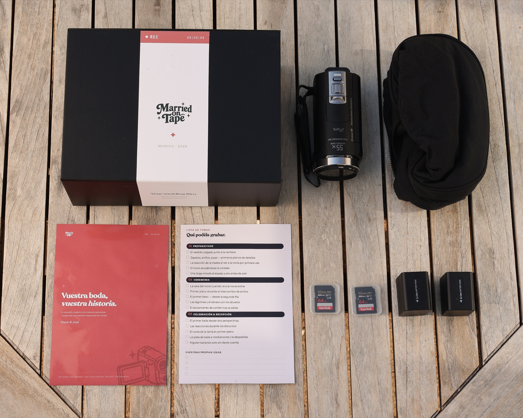 Komplettes Married on Tape Set mit Box, Camcorder, Tasche, Akkus, SD-Karten, Fragen-Set und Shotlist